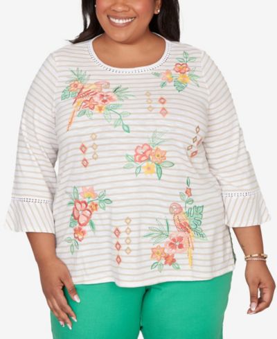 Alfred Dunner Plus Size Resort Living Parrot Stripe Embroidered Top