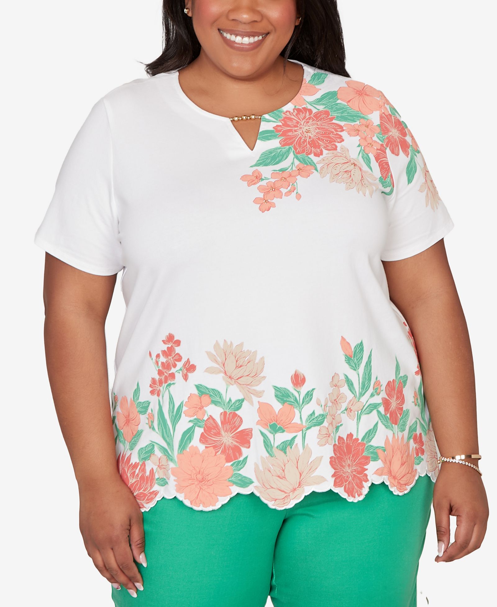 Alfred Dunner топ Plus Size Resort Living с цветочным узором и фестончатым краем