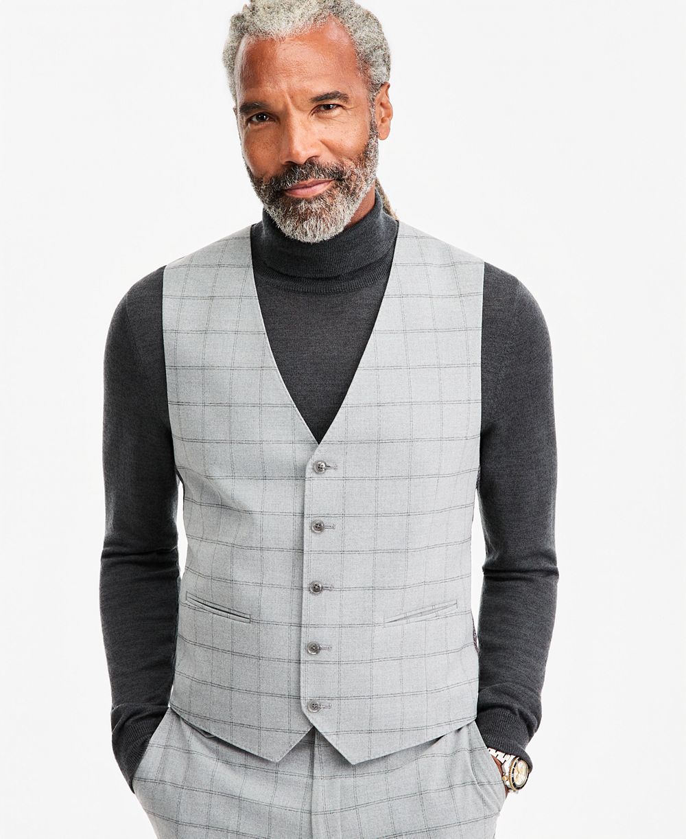 Tayion Collection Men's Classic-Fit Gray & Black Check Suit Separate Vest