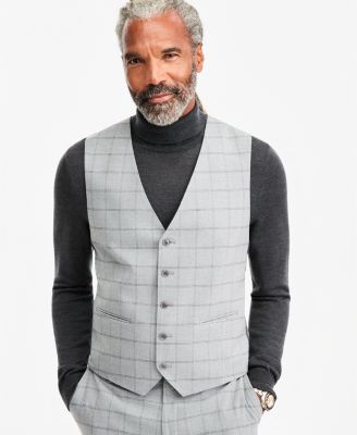 Tayion Collection Men's Classic-Fit Gray & Black Check Suit Separate Vest