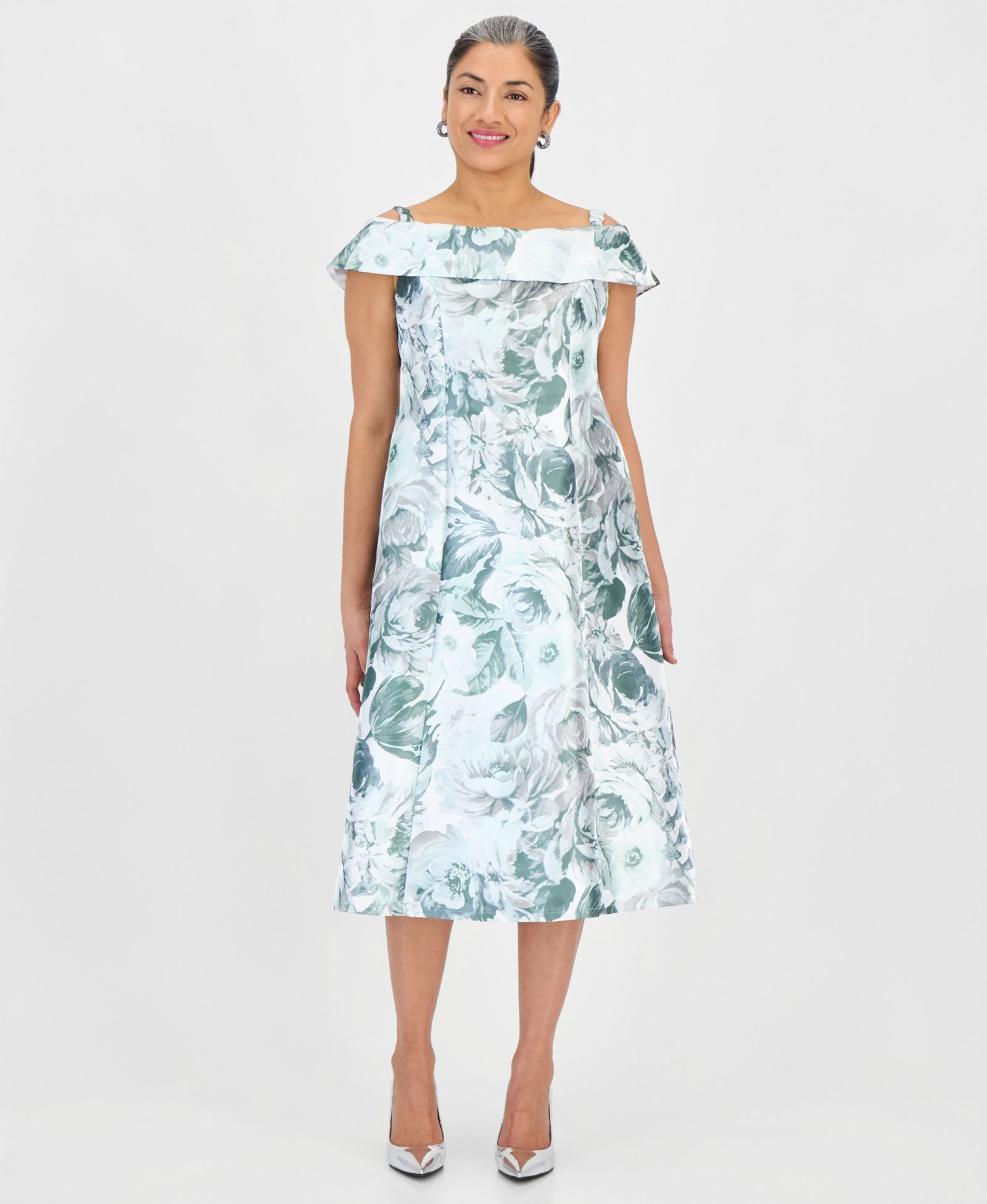 Connected Petite Printed Off-Shoulder Midi Dress