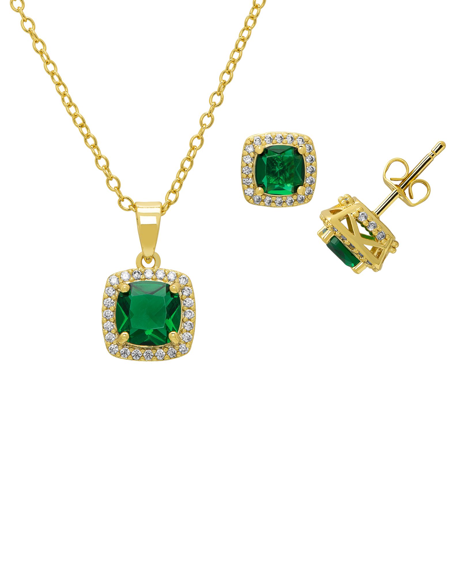 Macy's 2-Pc. Lab Grown Emerald (1.48 ct. t.w.) and Lab Grown White Sapphire (0.5 ct. t.w.) Pendant Necklace and Stud Earrings Set in Sterling Silver
