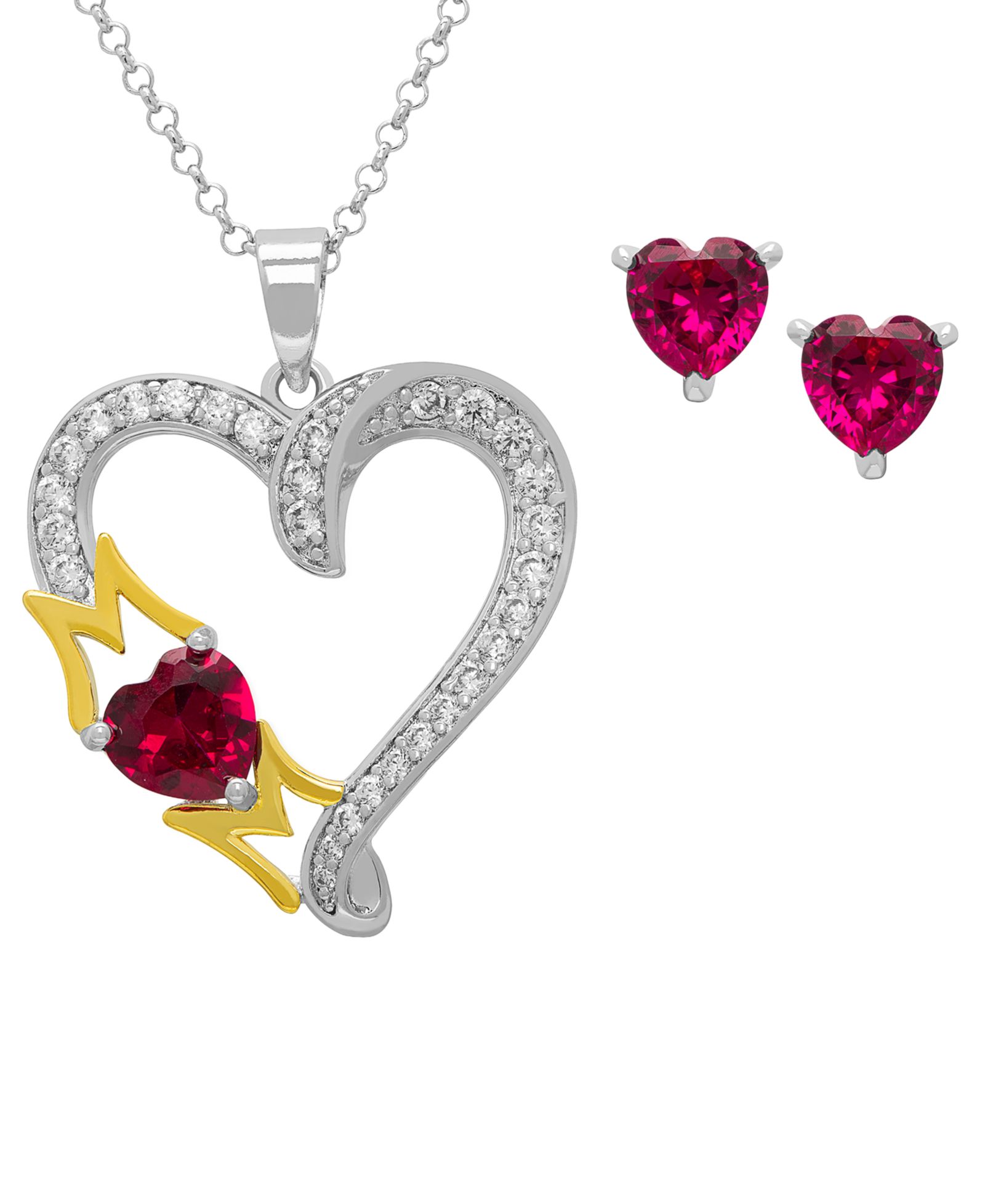 Macy's 2-Pc. Lab Grown Ruby and Lab Grown White Sapphire (2.71 ct. t.w.) Mom Heart Pendant Necklace and Stud Earrings Set in Sterling Silver