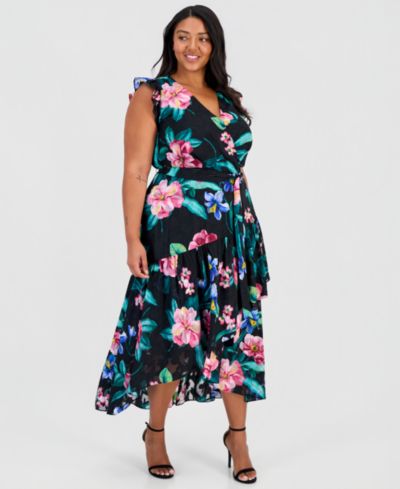 Anne Klein Plus Size Ruffle-Sleeve V-Neck High-Low Wrap Dress