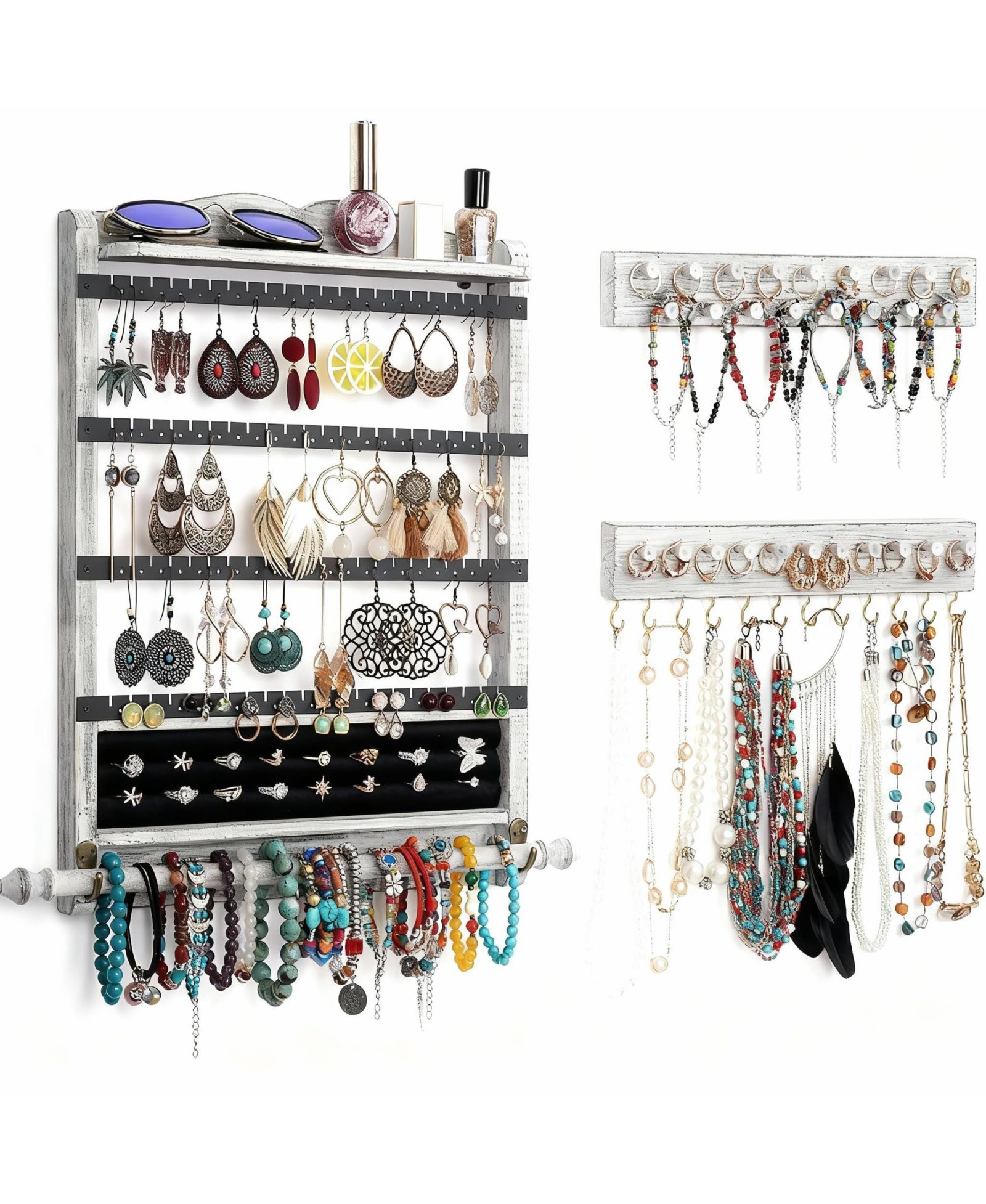 YIGII Antique Wood Wall Organizer Set: Earring, Necklace, Bracelet Holders & Shelf