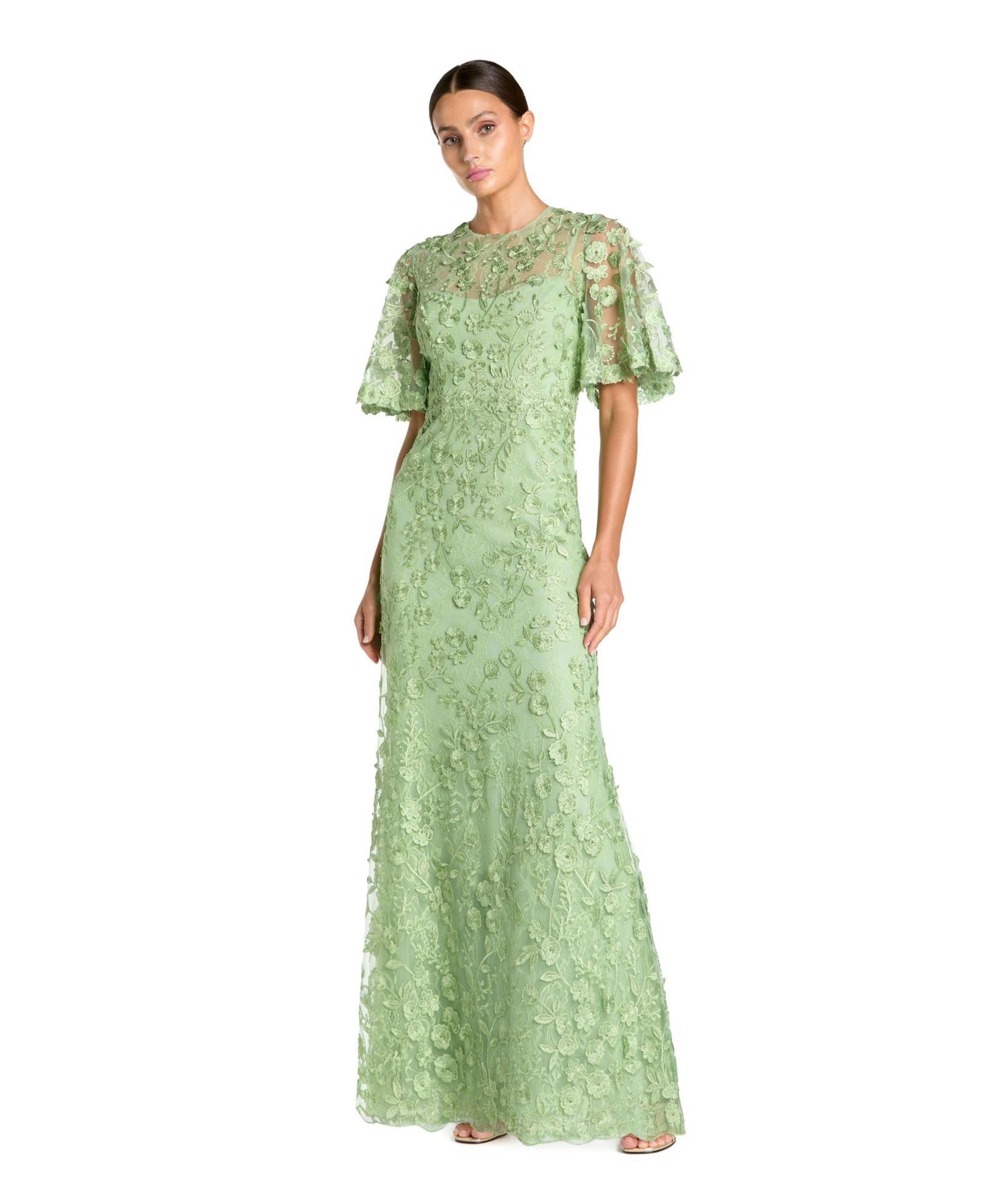 Платье Mac Duggal Women's Flutter Sleeve Floral Emboridered Net Gown