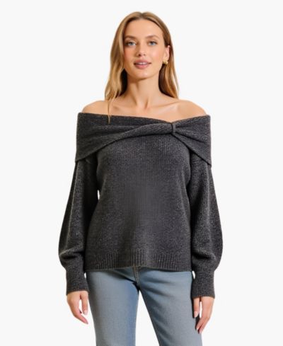 Modenaire Women's Off-Shoulder Metallic Knit Sweater Top