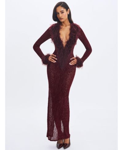 Miss Circle Women's Luana Burgundy Plunging Fur Trimmed Crochet Maxi Dress