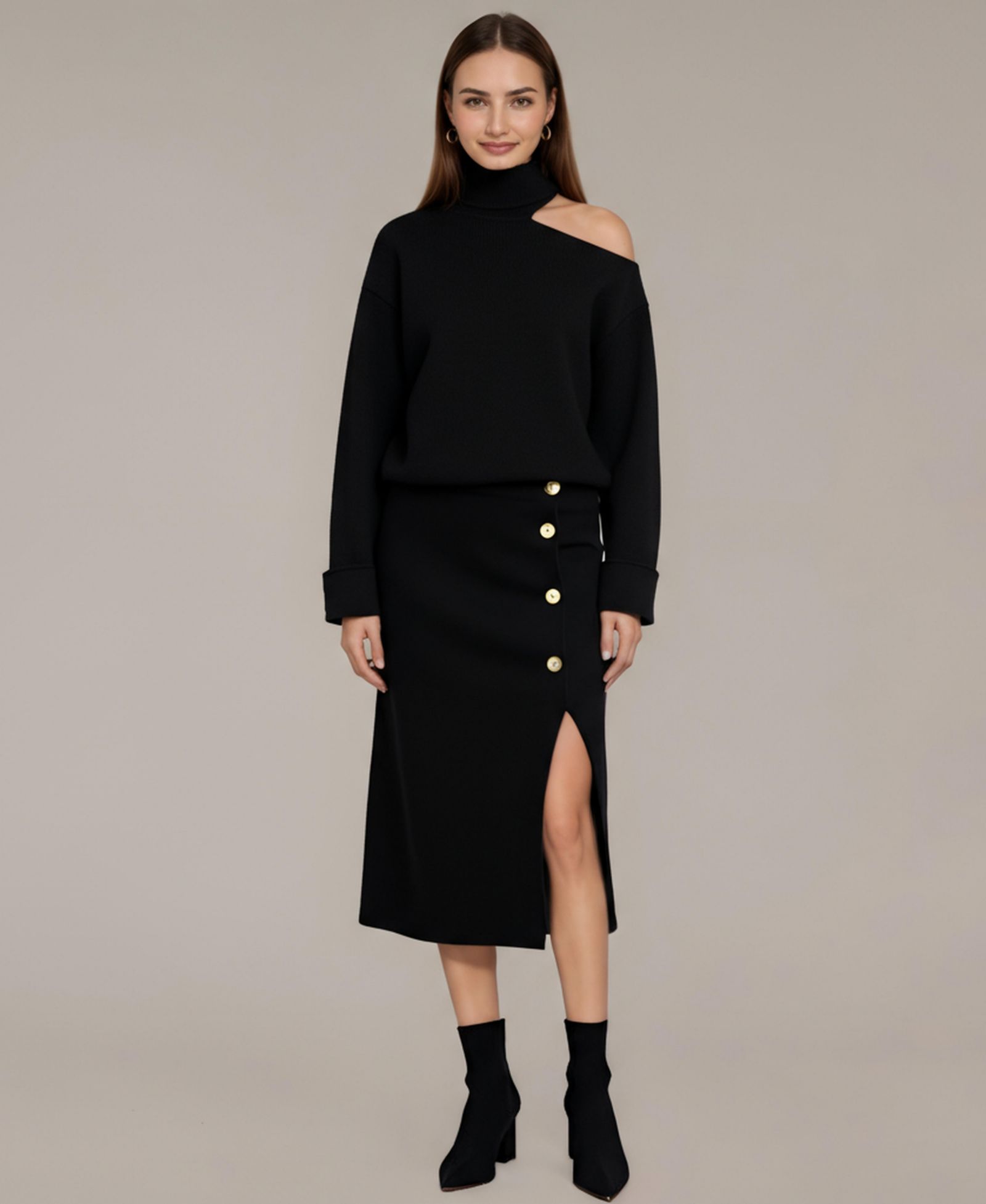 Женский комплект Modenaire Lottie Asymmetric Turtleneck Pullover и миди-юбка
