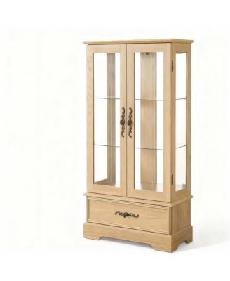 YIGII Antique Display Cabinet with Lighted Glass Doors and Mirrored Panel