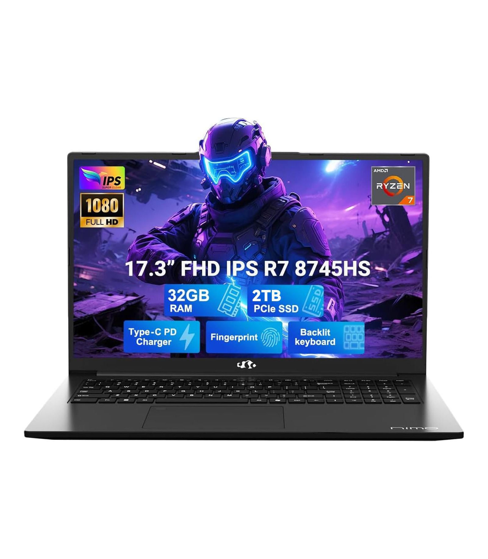 Игровой ноутбук NIMO 17.3" IPS FHD, AMD Ryzen 7 8745HS 32GB RAM 2TB SSD 4.9GHz Radeon 780M Graphics 100W USB-C 4.0
