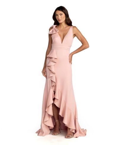 Mac Duggal Women's Crepe Sleeveless Ruffled V-Neck Gown With Bow