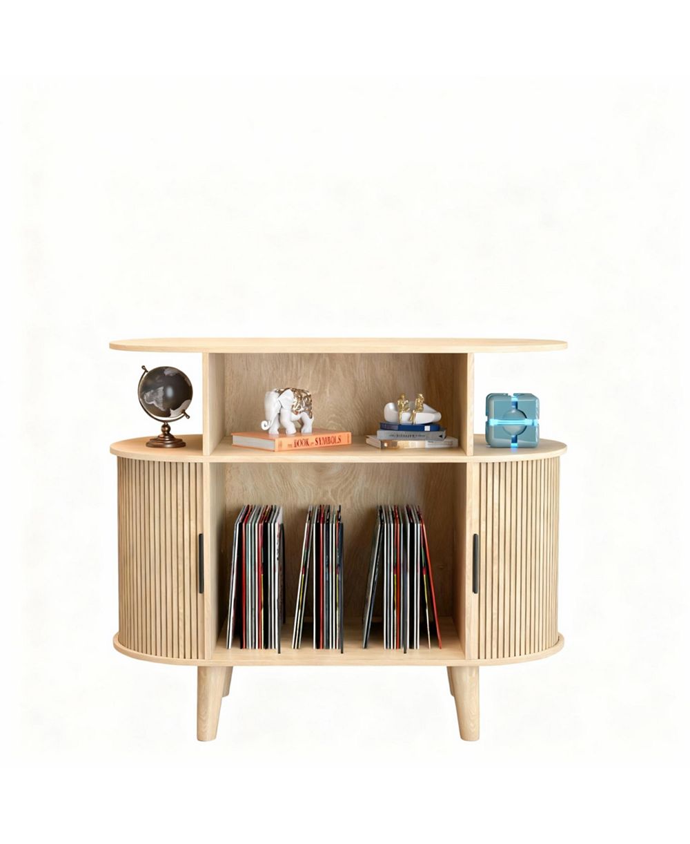YIGII Mid-Century Modern Record Cabinet with Charging Station & Storage