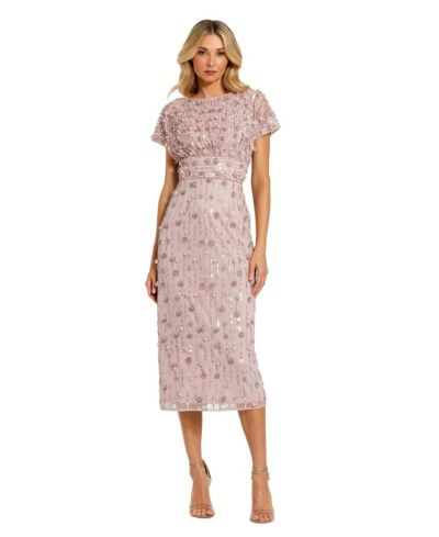 Mac Duggal Petite Cap Sleeve Sheath Midi Dress With Floral Beading
