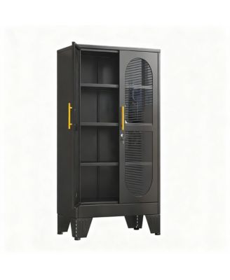 YIGII Elegant Glass Door Cabinet with Locking Mechanism and Adjustable Shelves for Home Decor