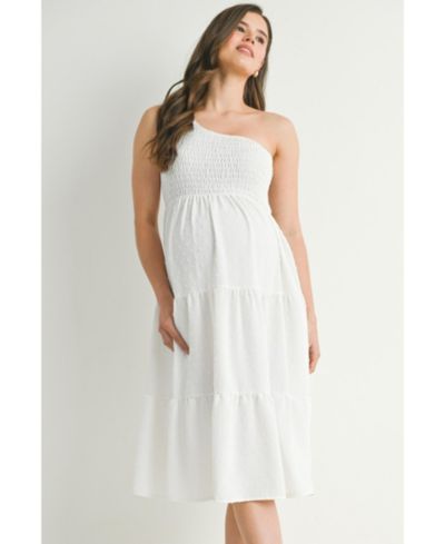 Hello Miz Women's One-Shoulder Smocked Swiss Dot Midi Dress