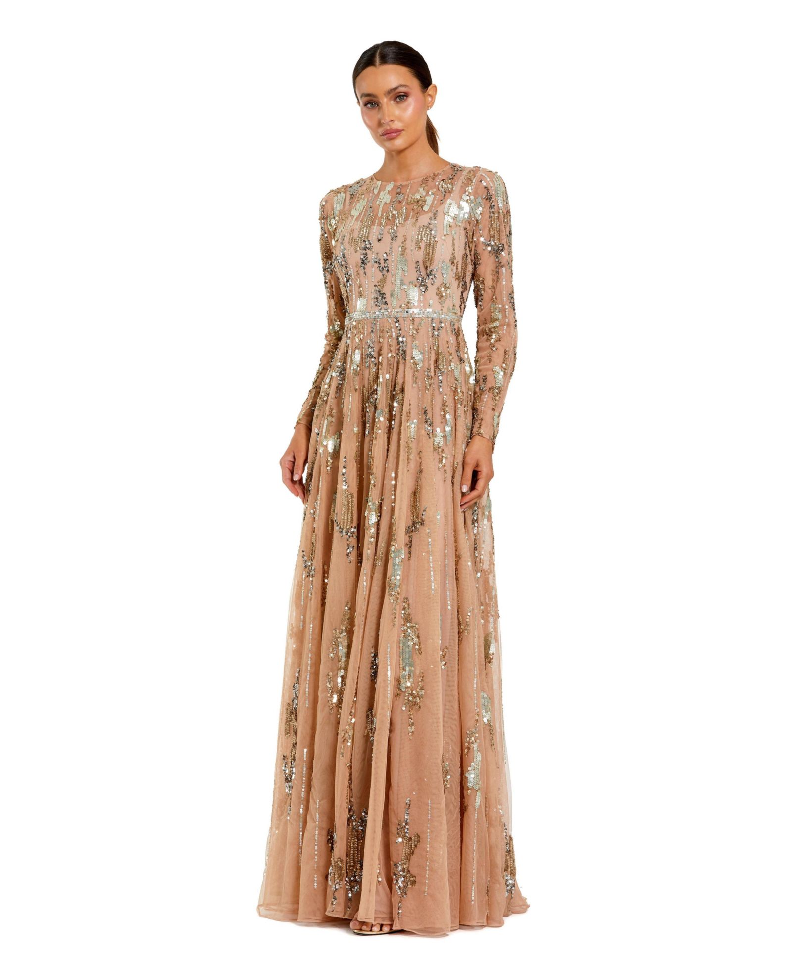 Mac Duggal Women's Long Sleeve Mesh Embellished Evening Gown