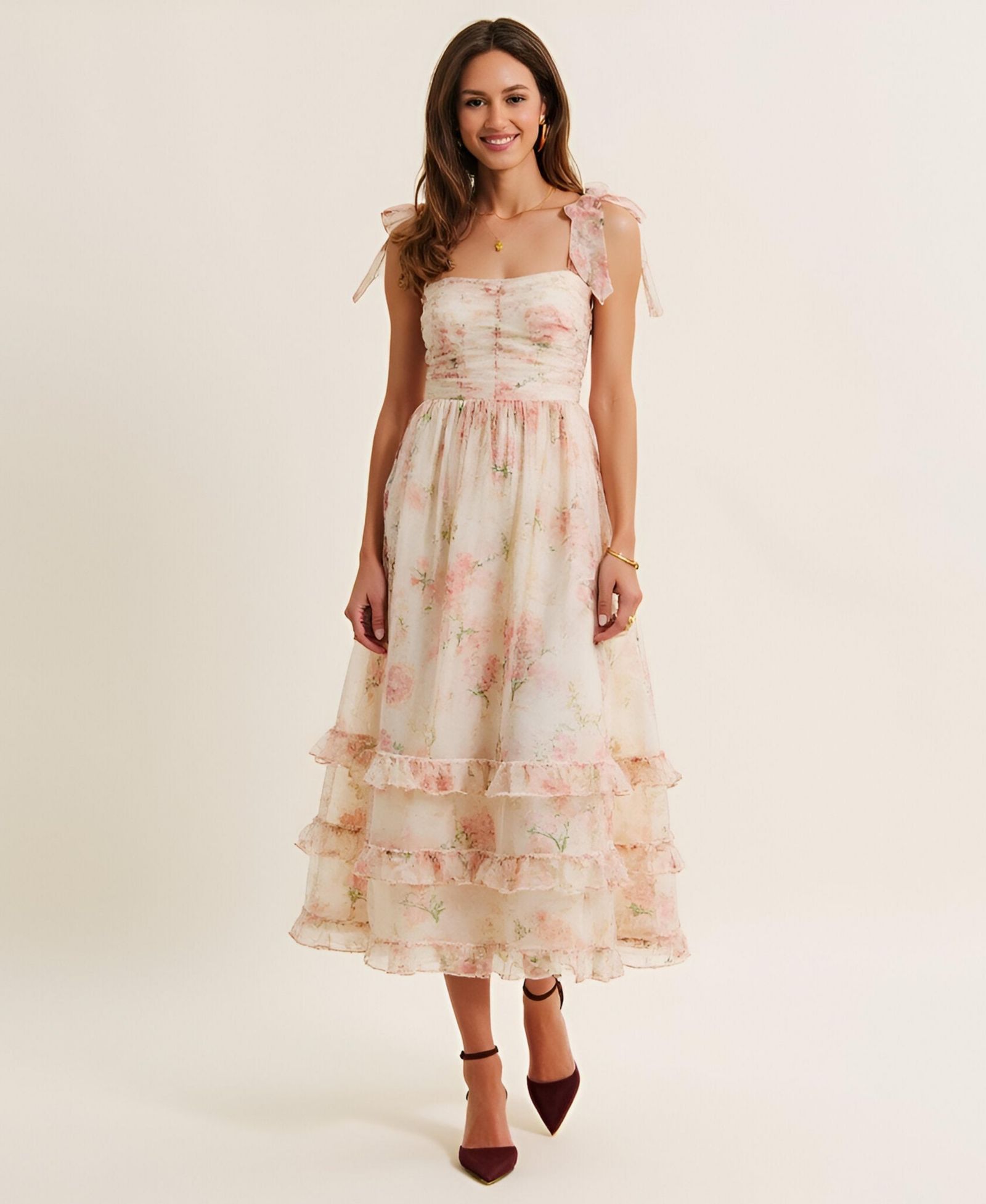 Modenaire Women's Floral Tiered Ruched Bodice Tie-Shoulder Midi Dress