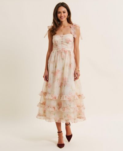 Женское платье Modenaire Floral Tiered Ruched Bodice Tie-Shoulder Midi