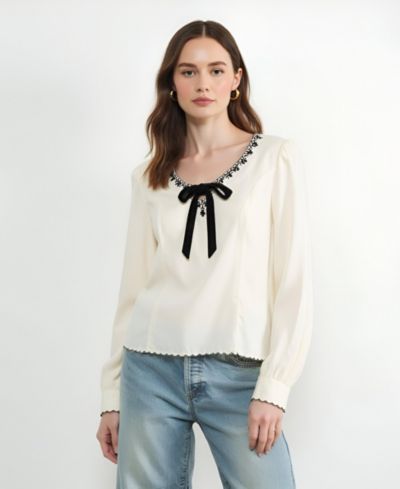 Modenaire Women's Embroidered Blouse with Velvet Bow and Scalloped Hem