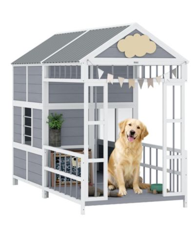 PawHut Dog House Outdoor, 79"L Wooden Dog Shelter with Porch, Storage