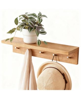 YIGII Oak Wood Coat Rack with Shelf, Sturdy Design for Entryway, Hallway, Bathroom