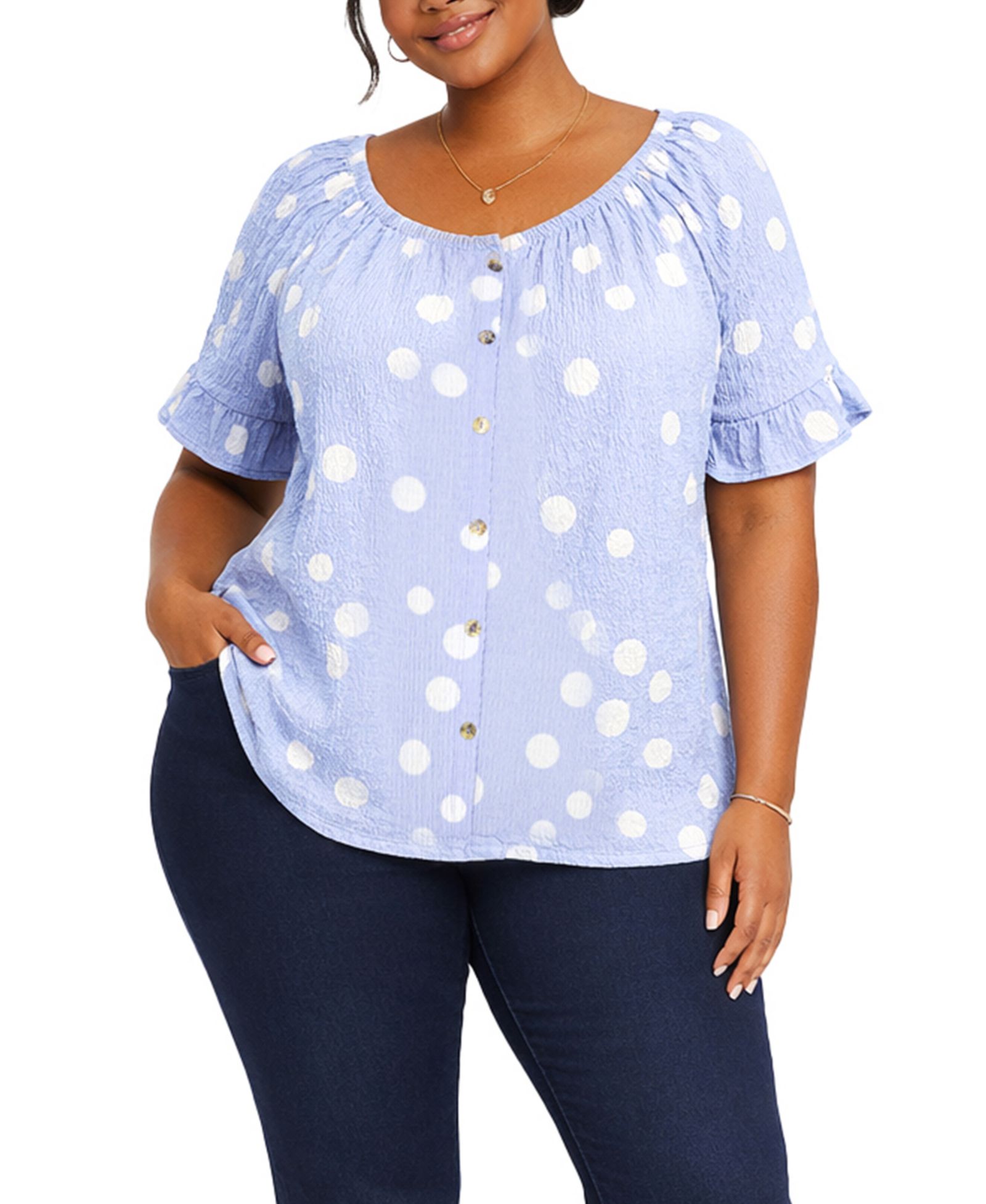 COIN 1804 Plus Size Polka Dot Crinkle Knit Button-Front Ruffle Sleeve Top