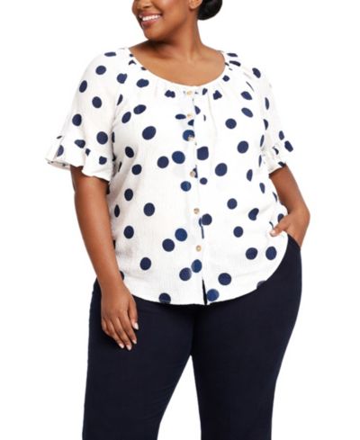 COIN 1804 Plus Size топ в горошек из трикотажа с пуговицами и рюшами на рукавах