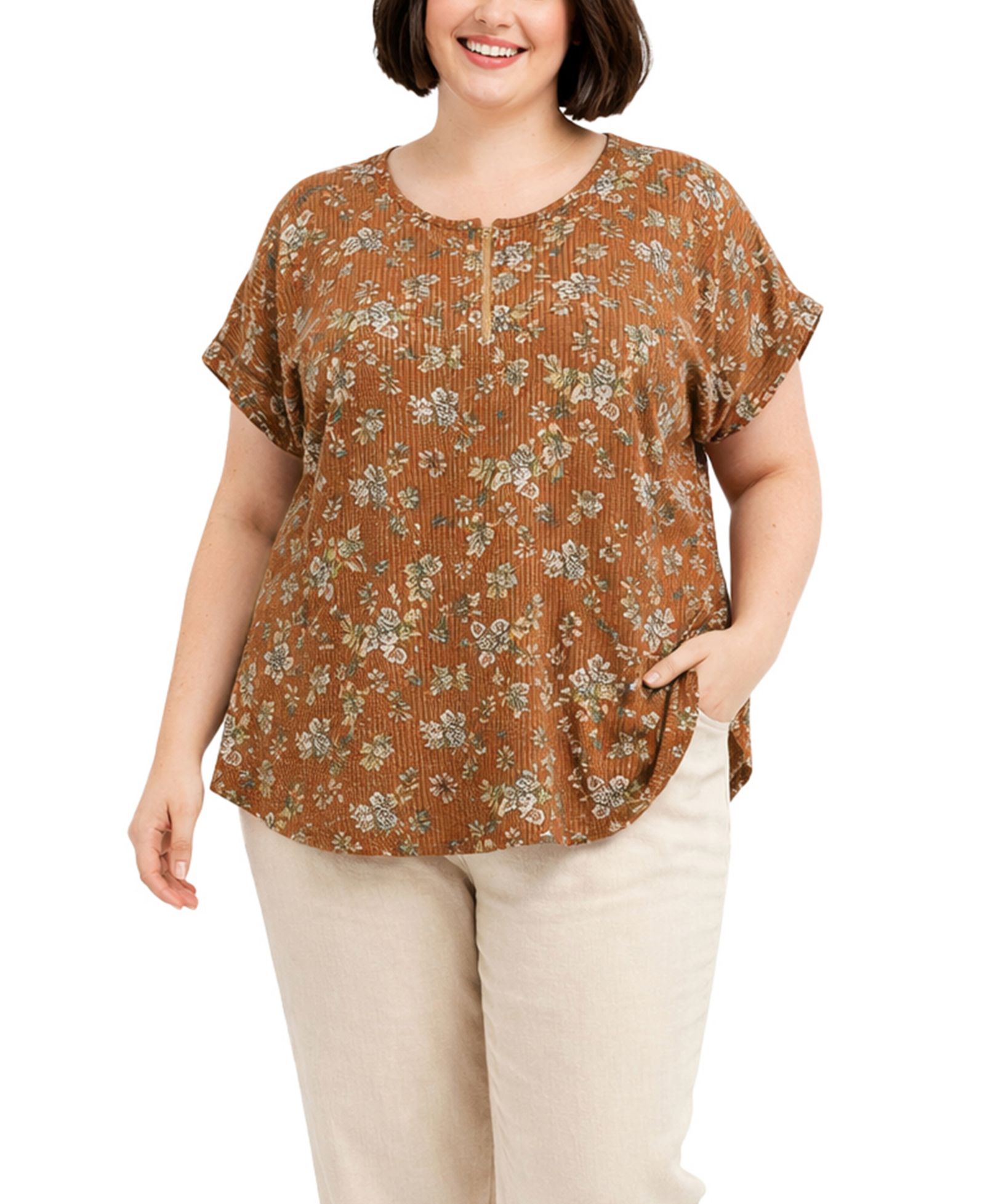 Женский топ COIN 1804 Plus Size Boho Floral Rib Zip Front Dolman