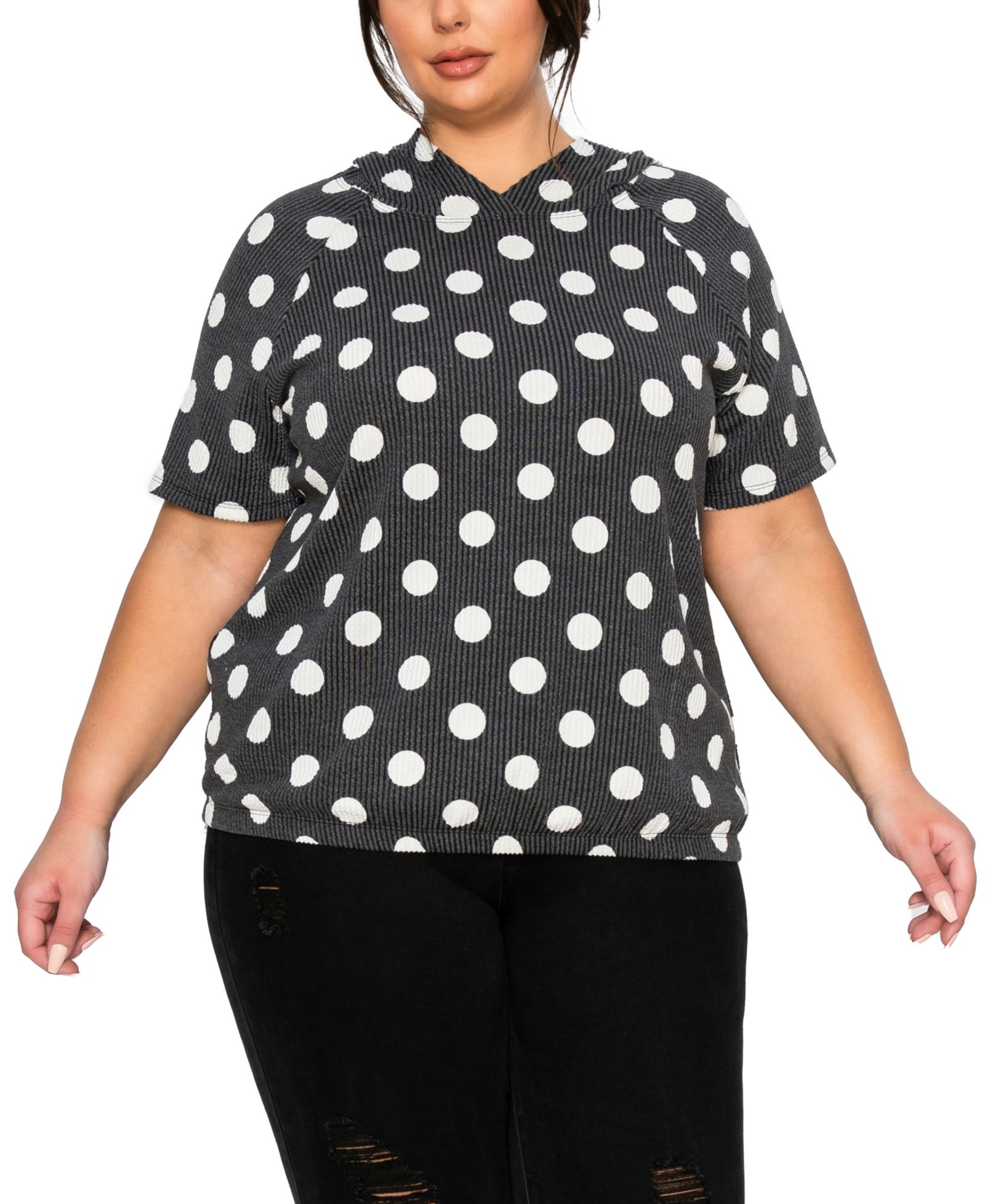 COIN 1804 Plus Size Polka Dot Double Knit Hoodie Short- Sleeve Elastic Hem Top