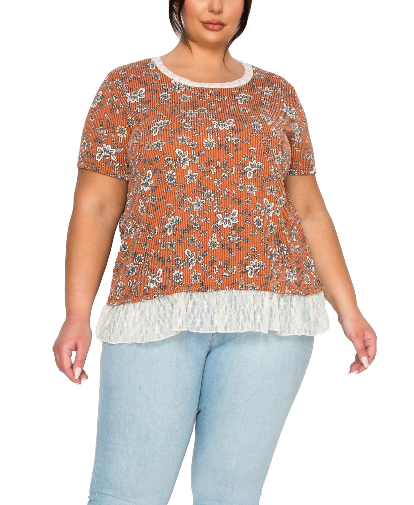 COIN 1804 Plus Size топ с коротким рукавом Boho Floral Rib and Lace Pleat Back