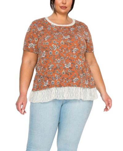 COIN 1804 Plus Size топ с коротким рукавом Boho Floral Rib and Lace Pleat Back
