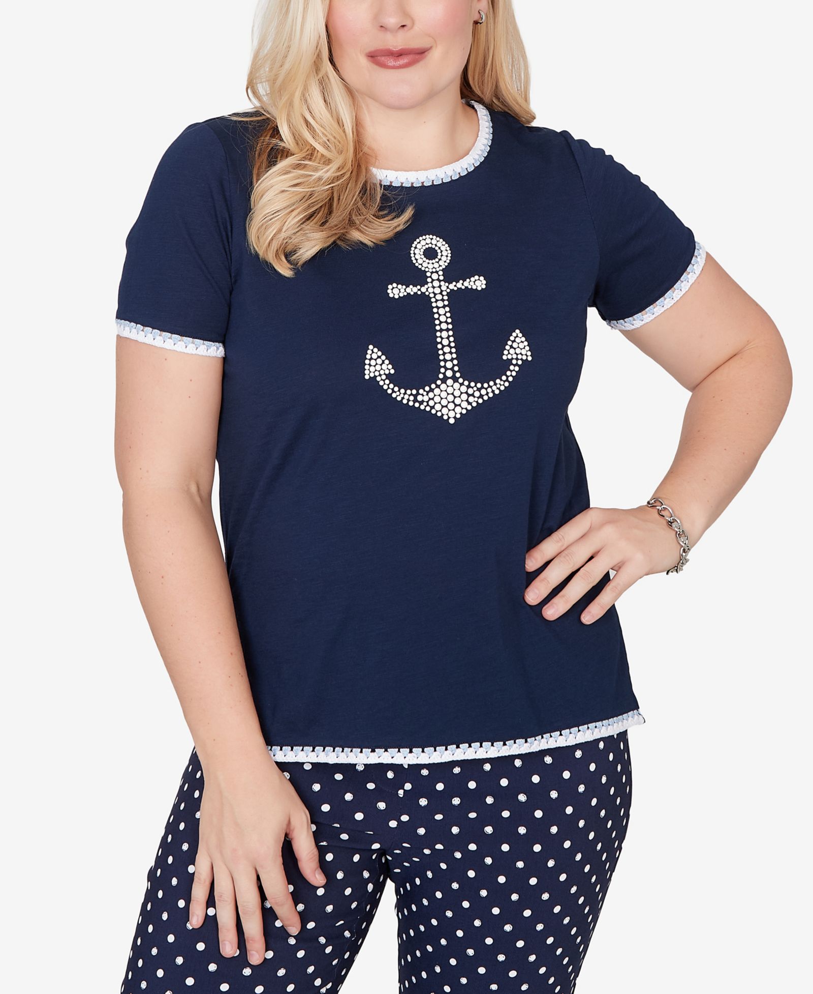 Alfred Dunner Petite T-shirt с принтом Port Side Pearl Anchor