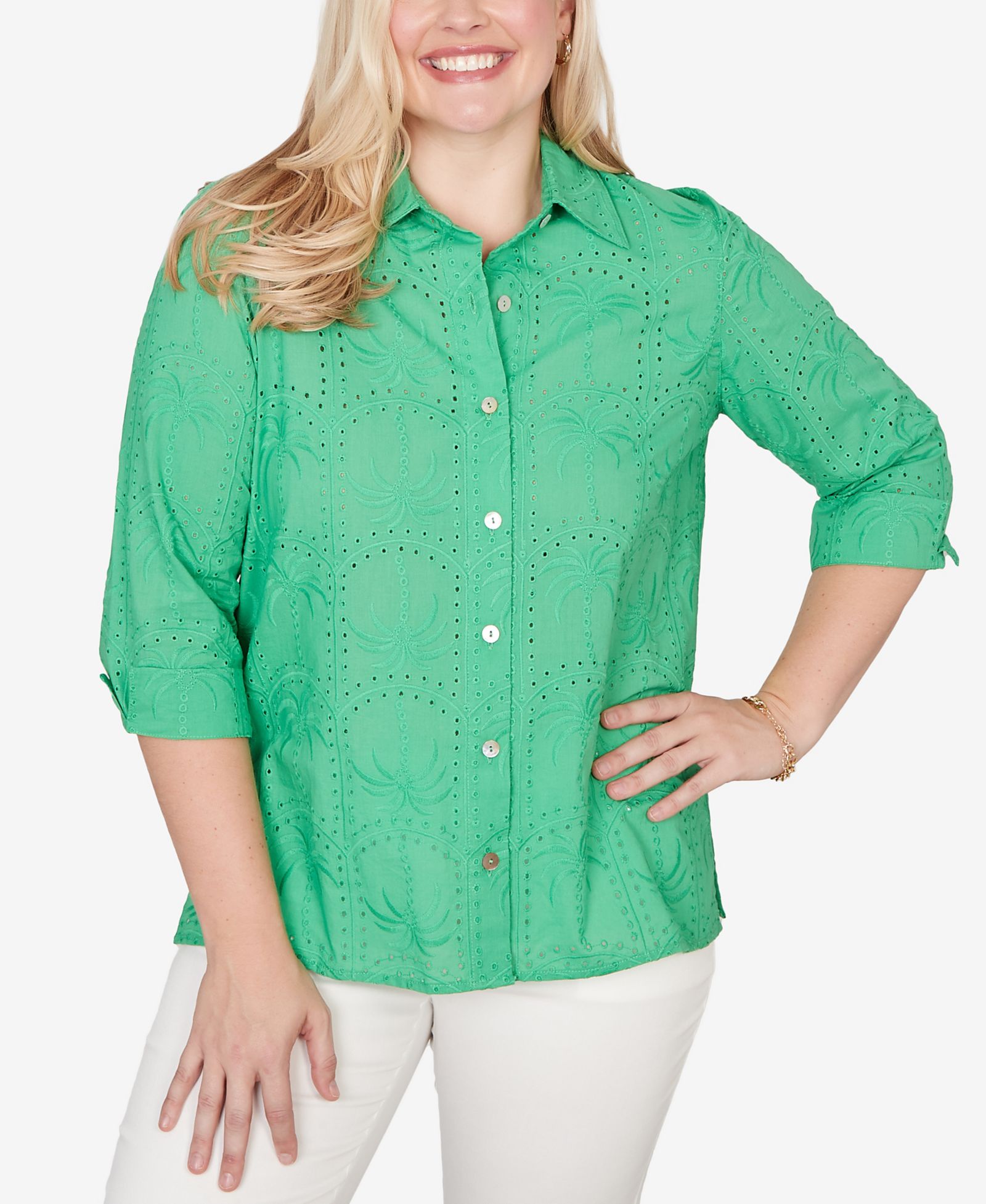 Alfred Dunner Petite Resort Living Eyelet Palm Tree Button-Front Top