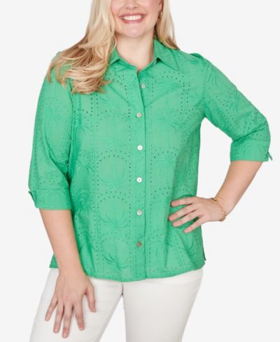 Alfred Dunner Petite Resort Living Eyelet Palm Tree Button-Front Top