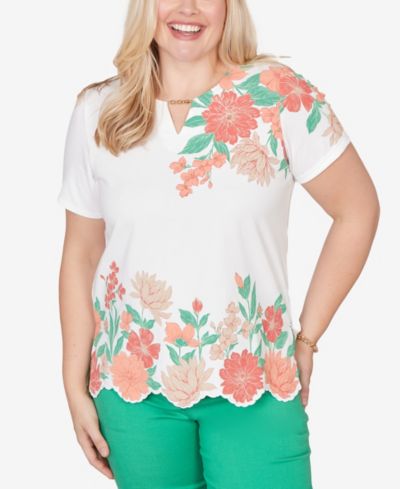 Alfred Dunner Petite Resort Living Floral Scallop Border Top