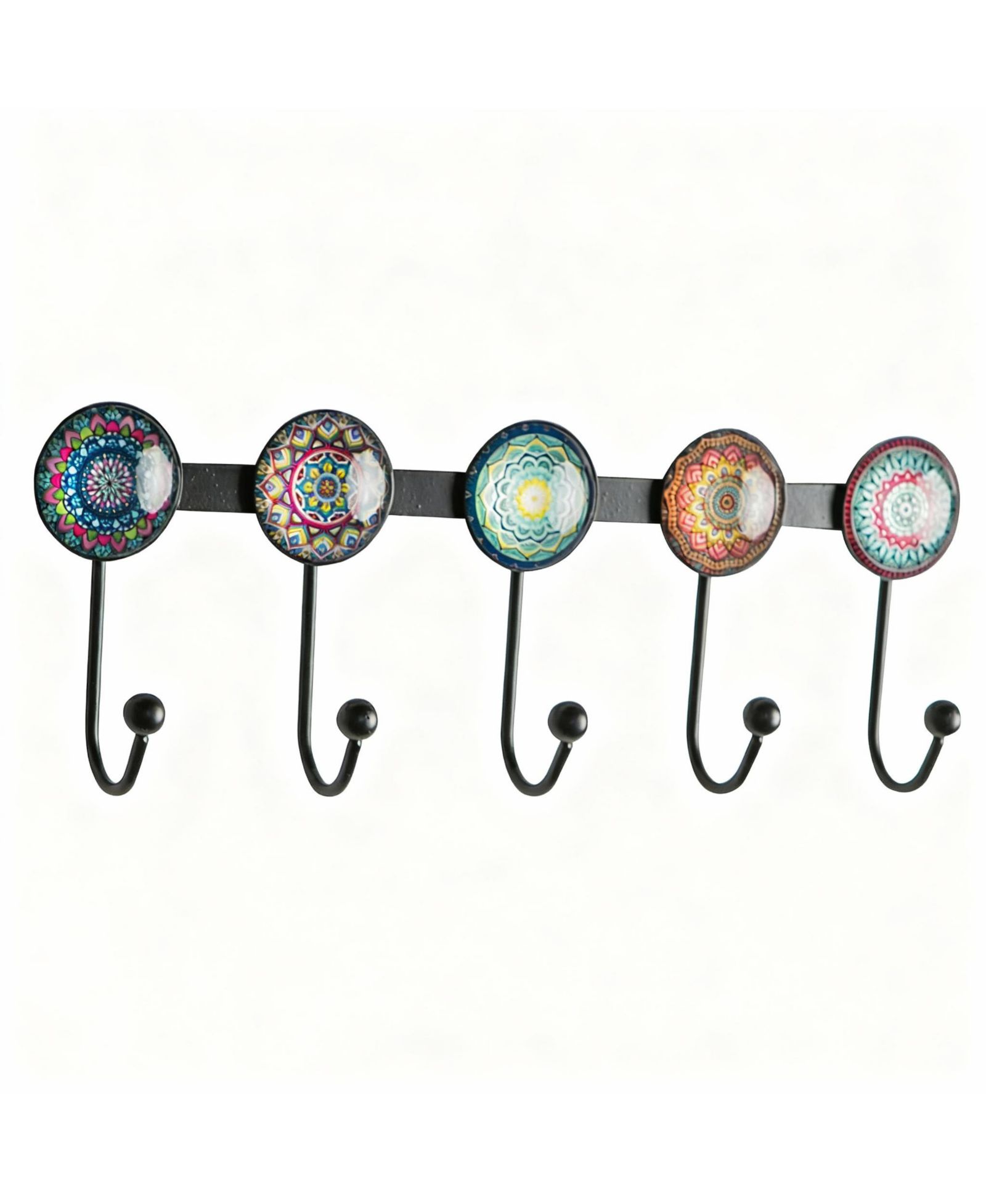 YIGII Boho Multi-Color Mandala Wall Rack - 5 Hooks for Coats, Hats, Bags - Durable, Easy Install