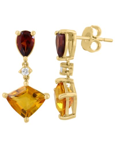 Серьги-подвески EFFY Collection Citrine, Garnet и Diamond в 14k Yellow Gold