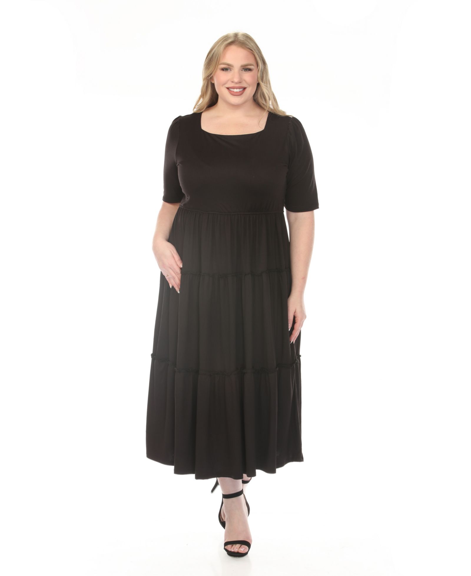 White Mark Plus Size Square Neck Short-Sleeve Tiered Dress
