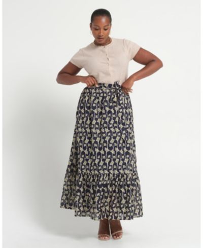ESTELLE Plus size Sea Lily Print Tiered A-Line Midi Skirt
