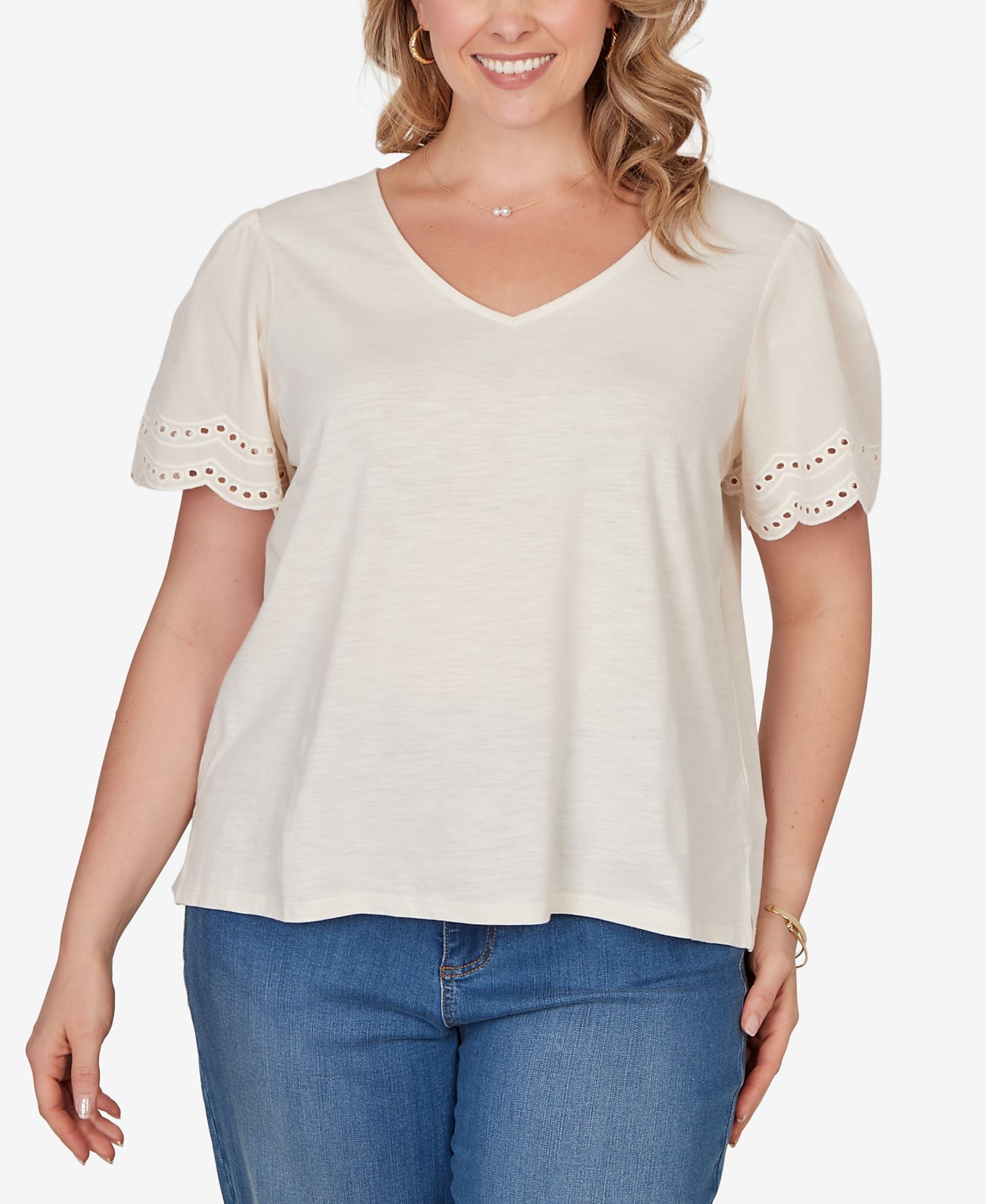 Женский трикотажный топ Plus Size Ruby Rd. с рукавами из поплина и отделкой eyelet