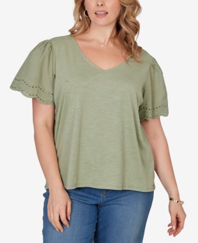 Женский трикотажный топ Plus Size Ruby Rd. с рукавами из поплина и отделкой eyelet