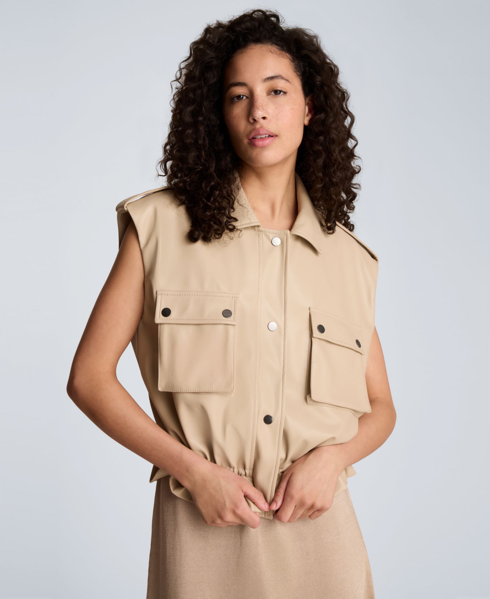 Kenneth Cole Women's Collared Sleeveless Drawcord Snap-Front Jacket