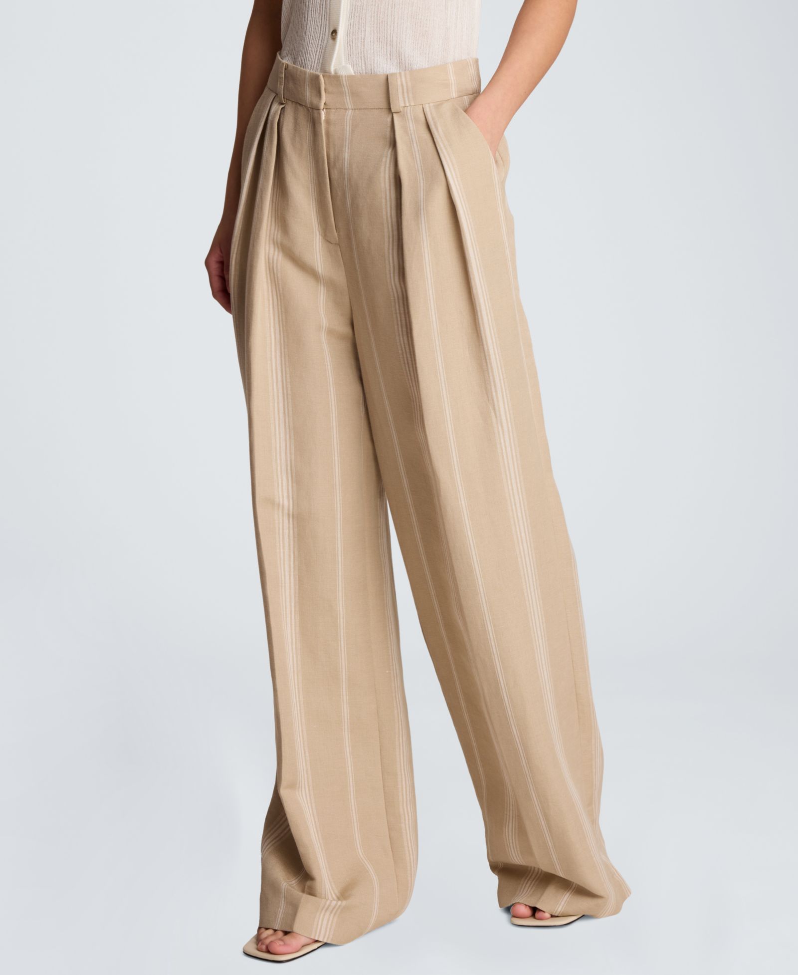 Kenneth Cole Women's High Rise Fly Front Pleated Wide Leg Linen Pants