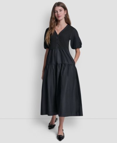 DKNY Jeans Женское миди-платье с рукавами-фонариками и ребрами