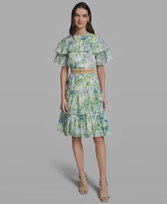 KARL LAGERFELD PARIS Petite Crew Neck Tiered Midi Dress