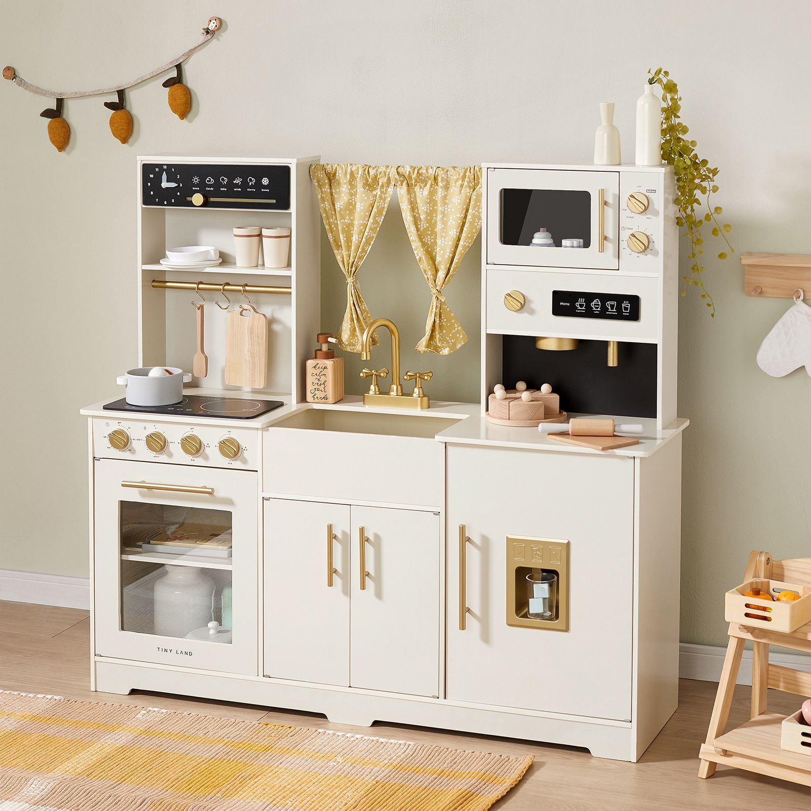 Tiny Land Iconic Wooden Play Kitchen - Cream Pretend Cooking Set for Kids