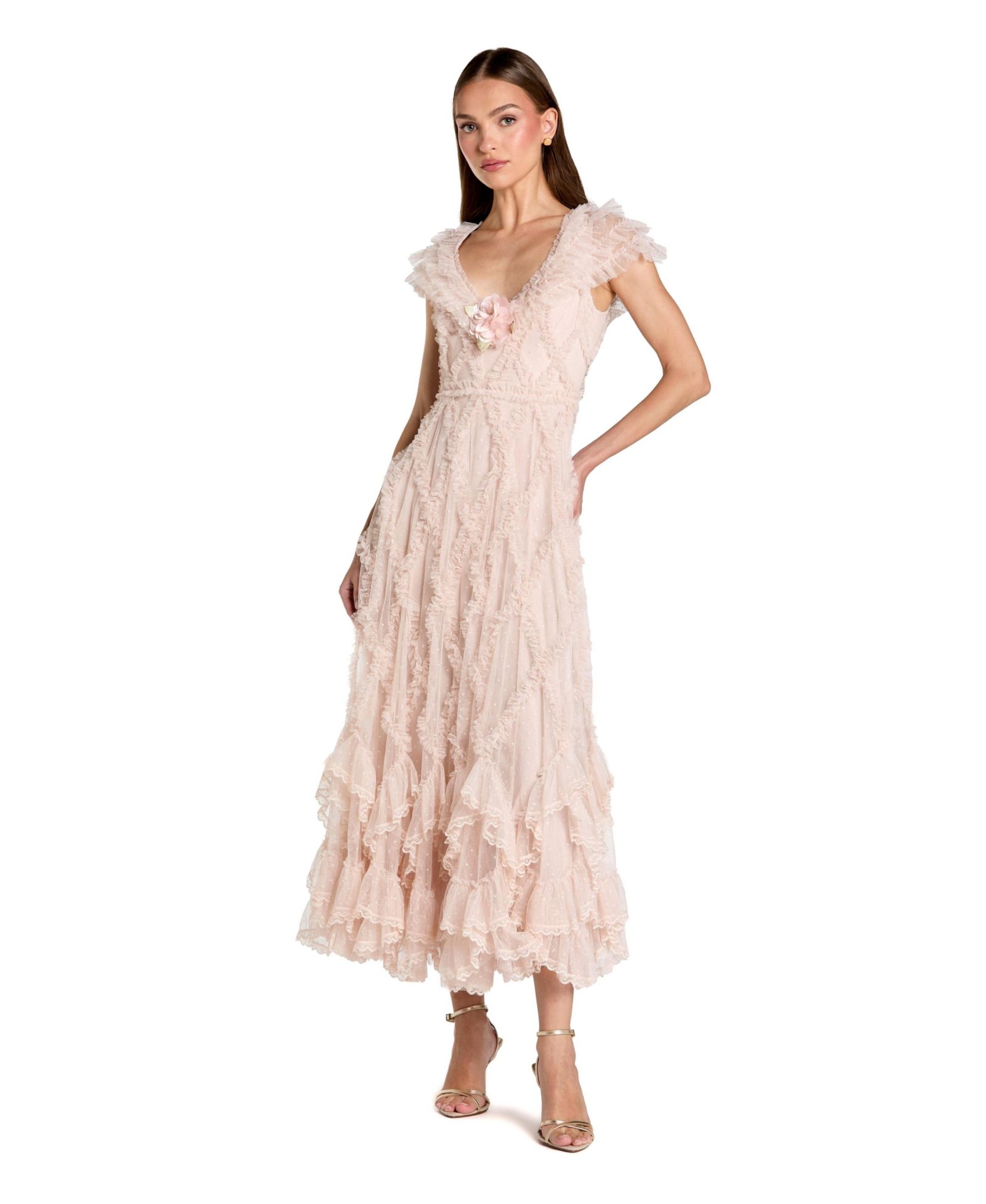 Mac Duggal Petite Micro Ruffle Cap Sleeve A-Line Midi Dress