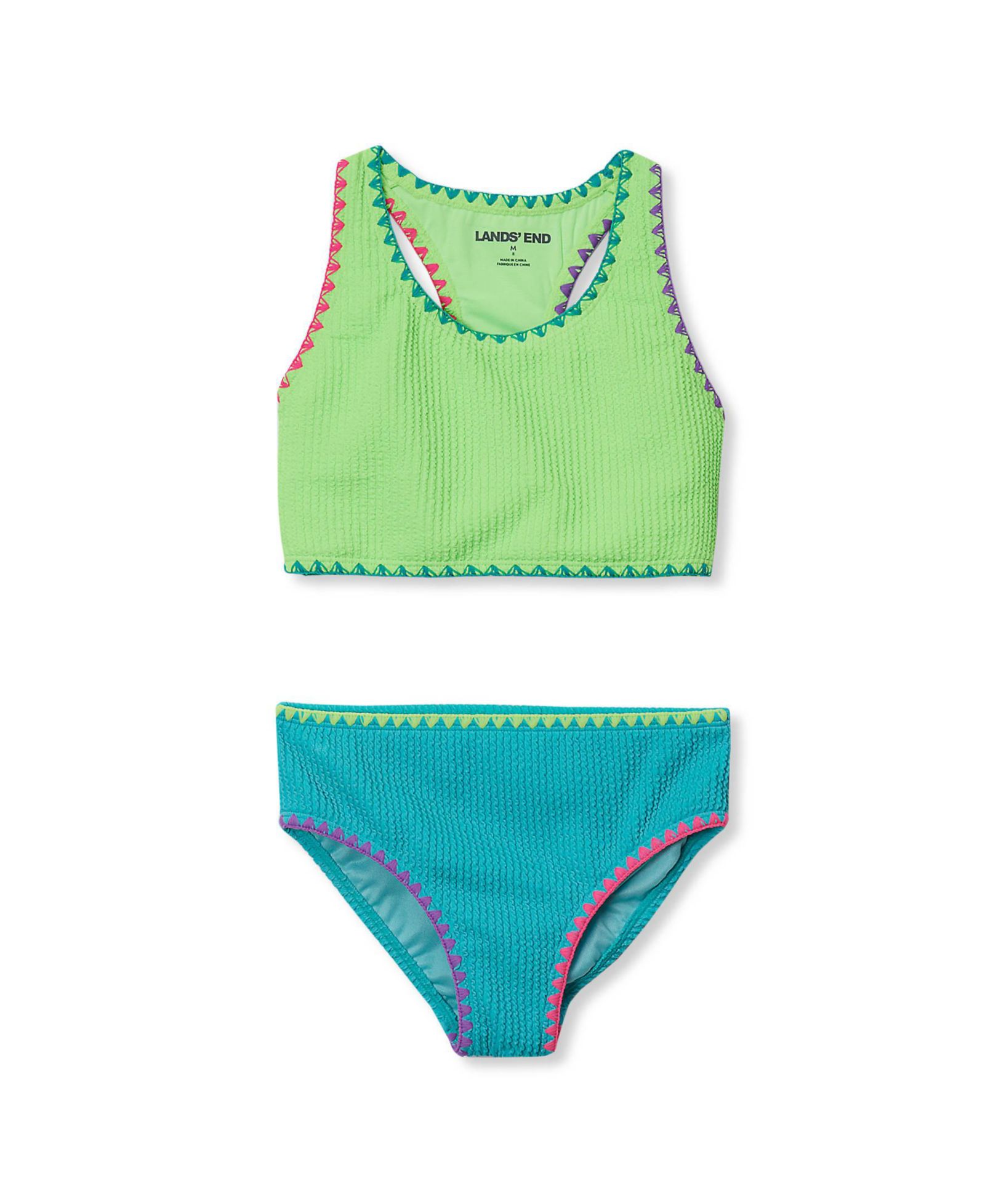 Lands' End Girls Chlorine Resistant Embroidered Bikini Swimsuit Set