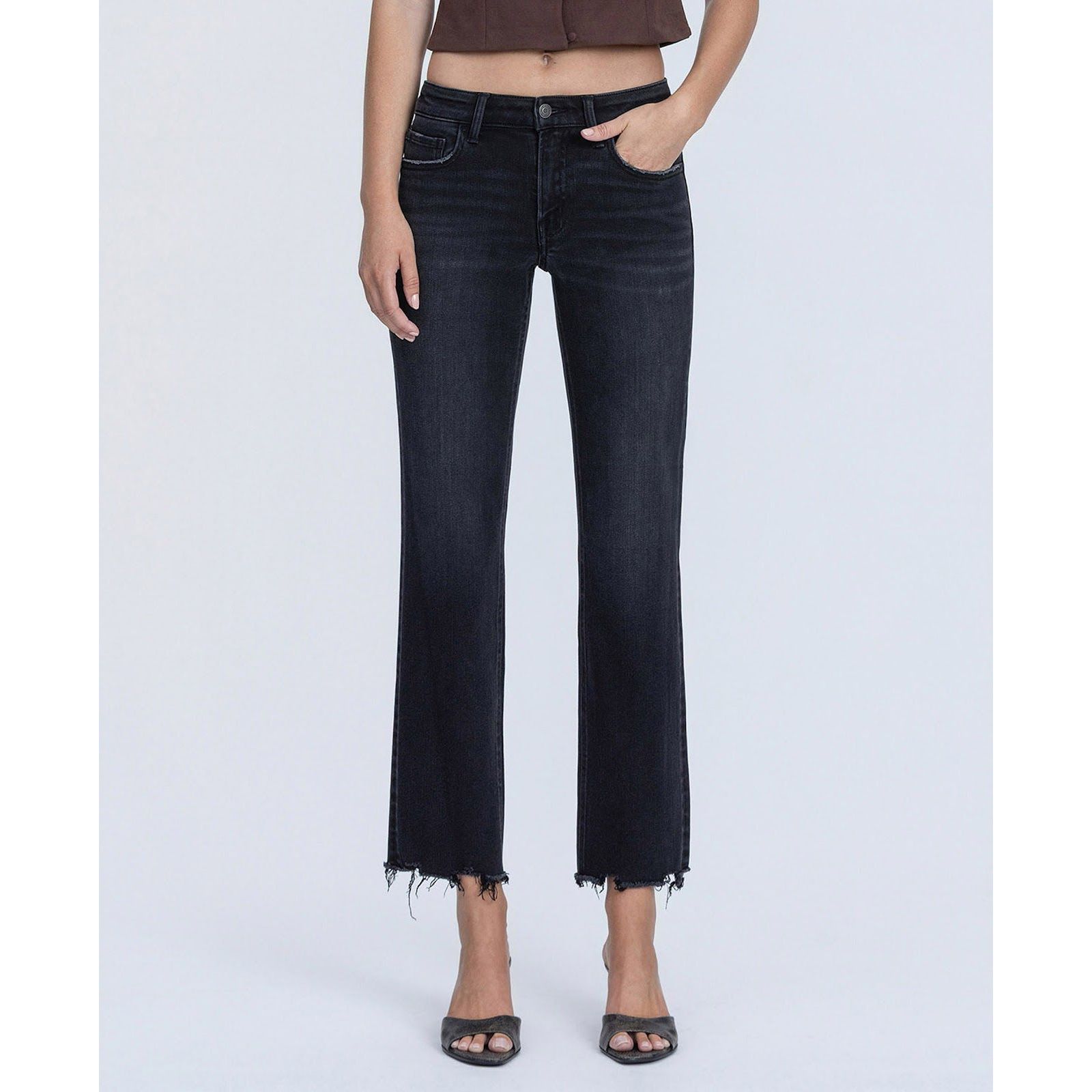 Flying Monkey Women's Mid Rise Raw Hem Ankle Straight Jeans